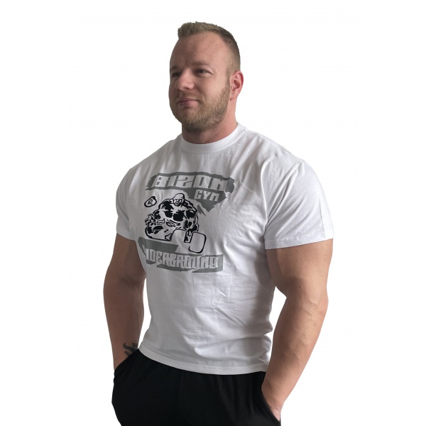 Bíé tričko Bizon Gym s šedým logem prsa