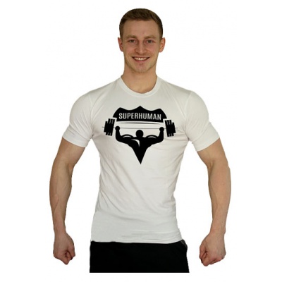 Elastické bílé tričko Superhuman velké černé logo