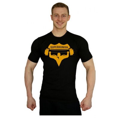 Černé elastické tričko Superhuman velké žluté logo