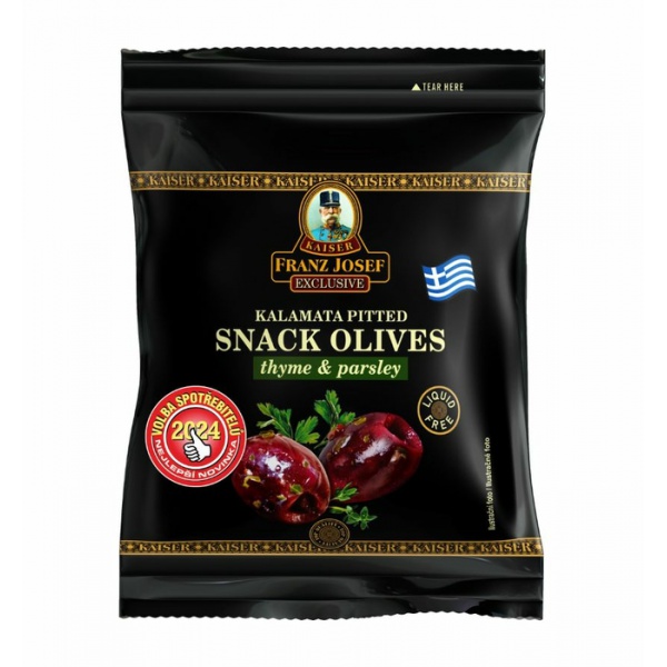 Řecké černé olivy Kalamata bez pecky s tymiánem a petrželkou 70g